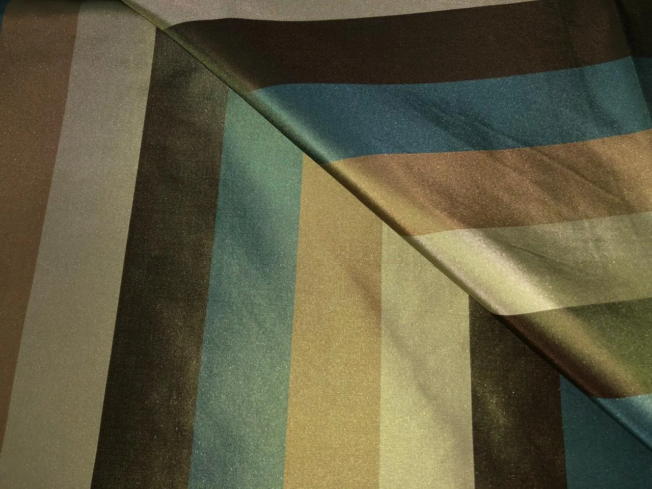 100% Silk Taffeta Fabric gold, brown, light olive, dark olive and slate blue  Stripes 54" WIDE TAFS163[4]