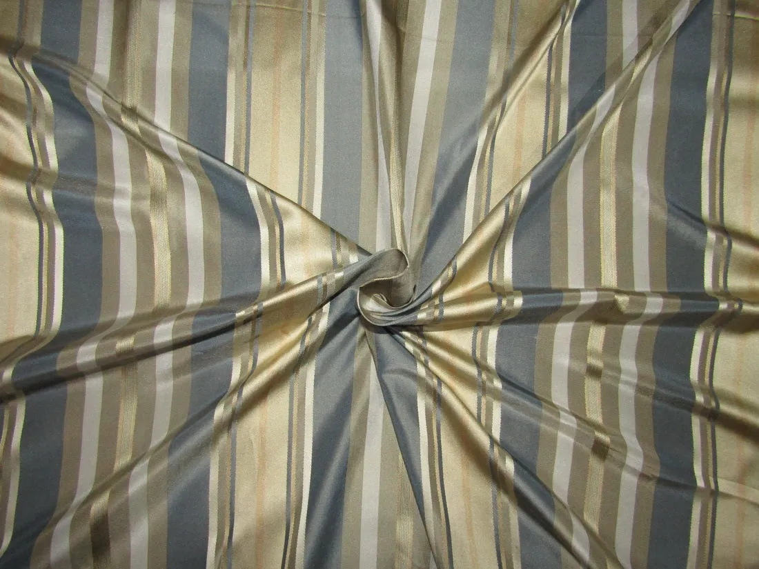 100% SILK TAFFETA stripes beige gold ,blue and cream stripe fabric 54&quot; TAFS164[3]