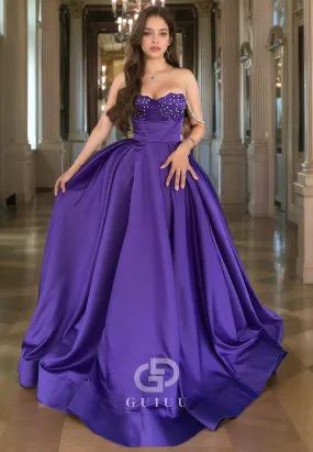 A-Line Strapless Sleeveless Beaded Long Prom Dress