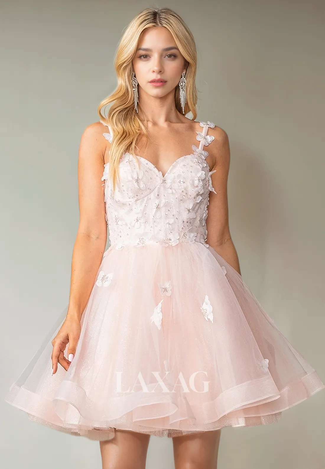 A-Line Straps Floral Embossed Tulle Beaded Elegant Party Homecoming Dress