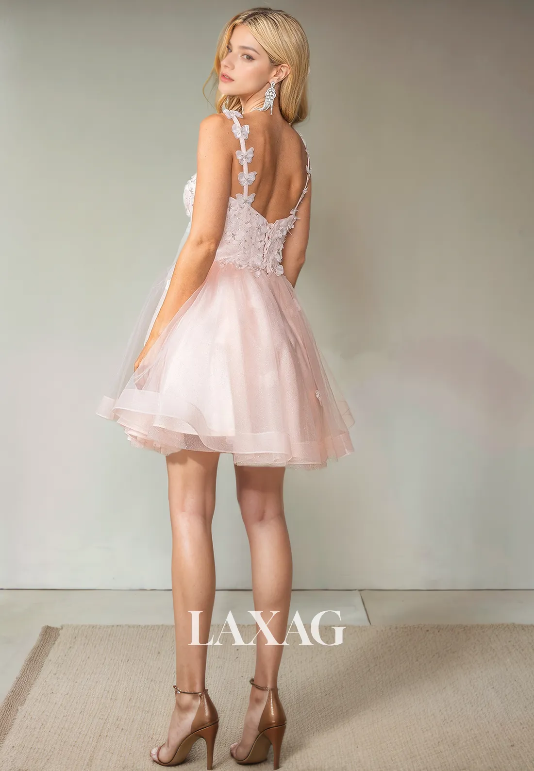 A-Line Straps Floral Embossed Tulle Beaded Elegant Party Homecoming Dress