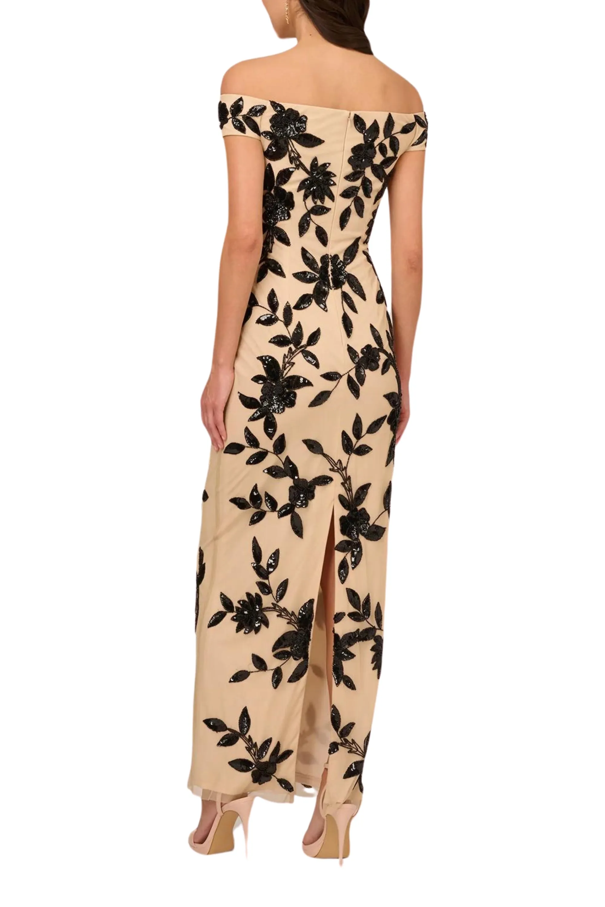 Adrianna Papell Beaded Floral Mesh Off-the-Shoulder Cap Sleeve Sheath Gown