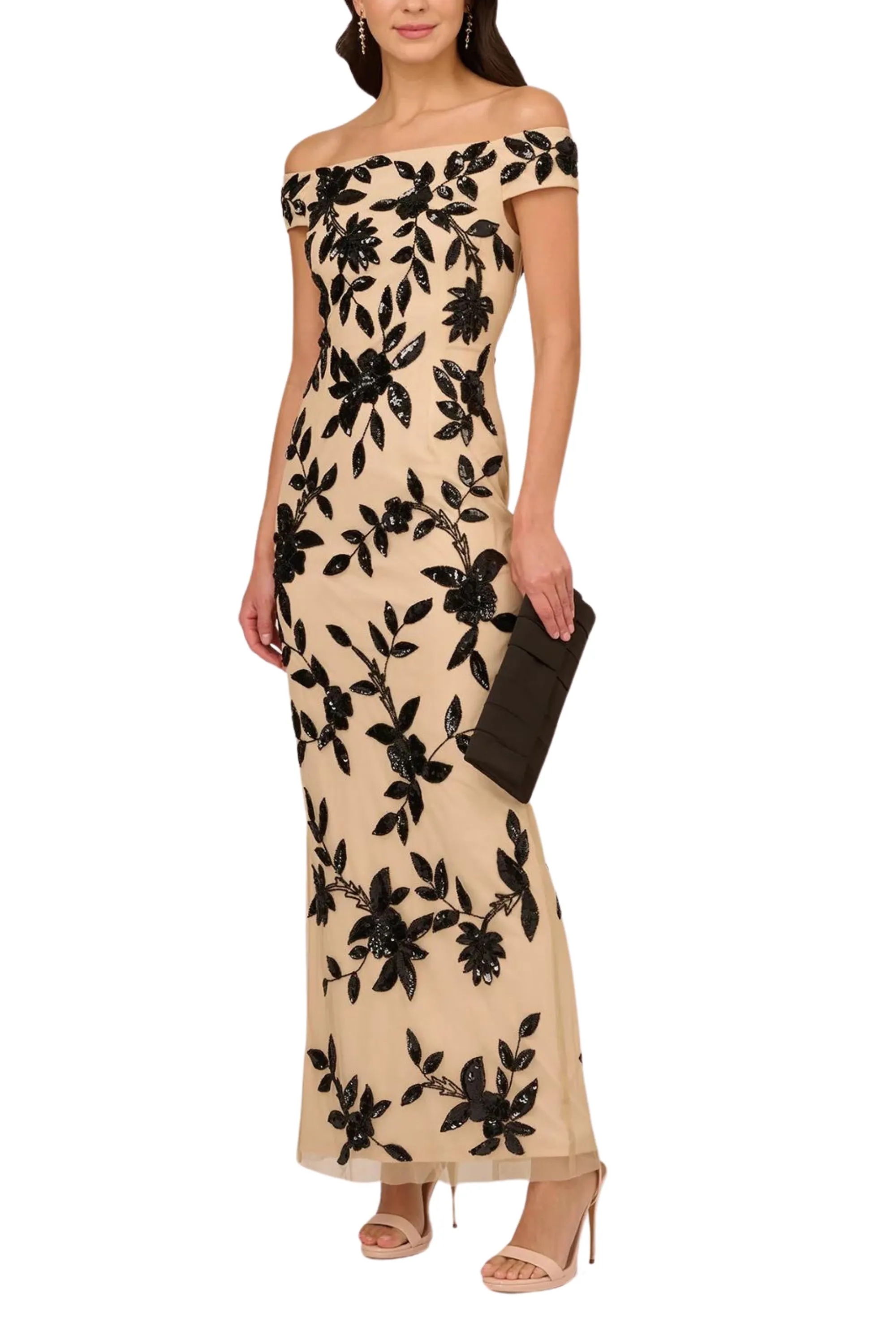 Adrianna Papell Beaded Floral Mesh Off-the-Shoulder Cap Sleeve Sheath Gown