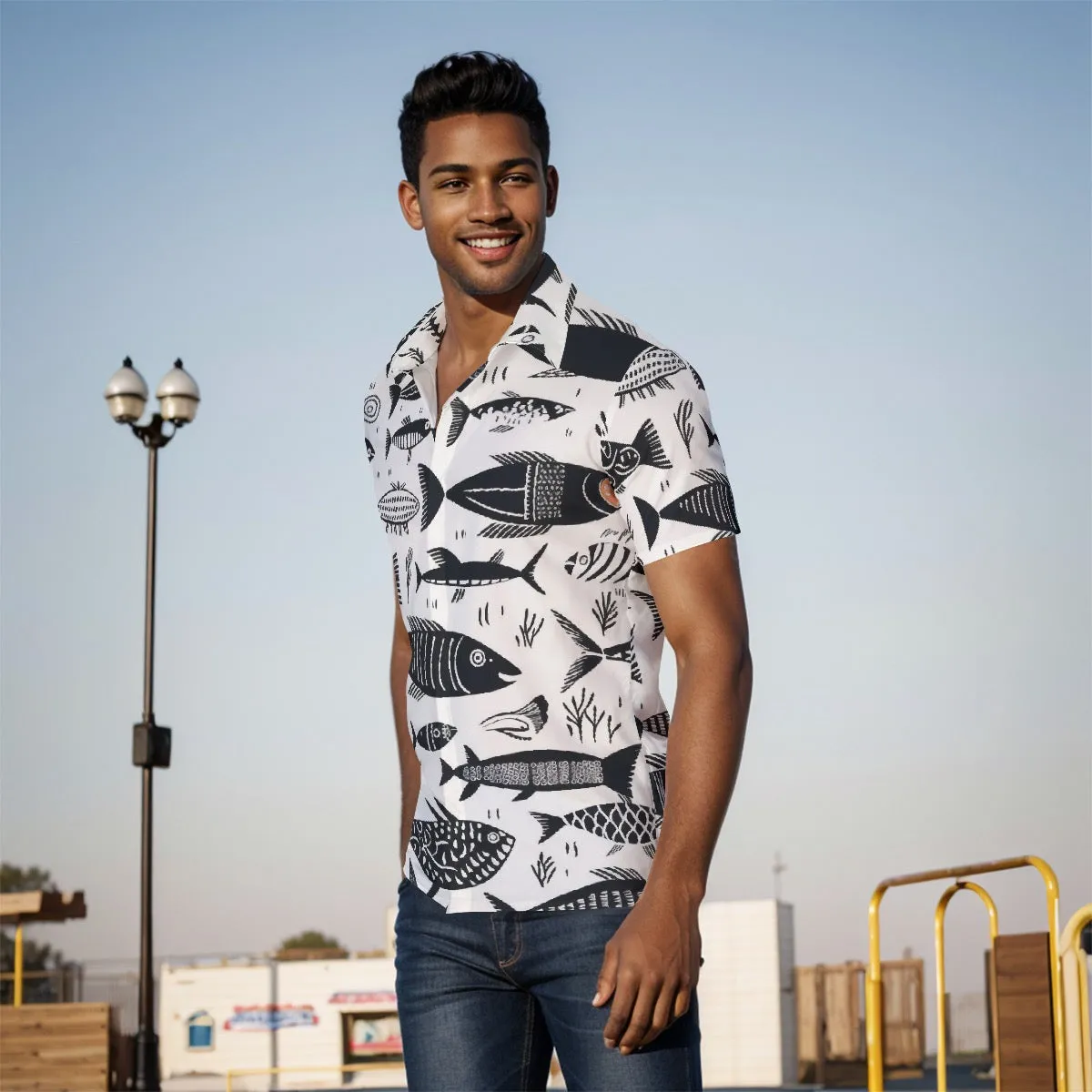 All-Over Print Men's Shirt J 29 black and white fish print