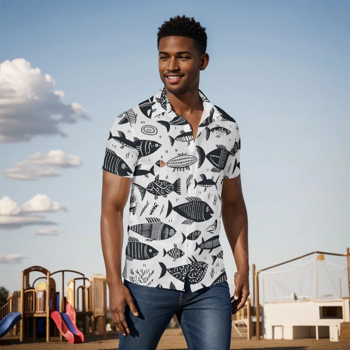 All-Over Print Men's Shirt J 29 black and white fish print