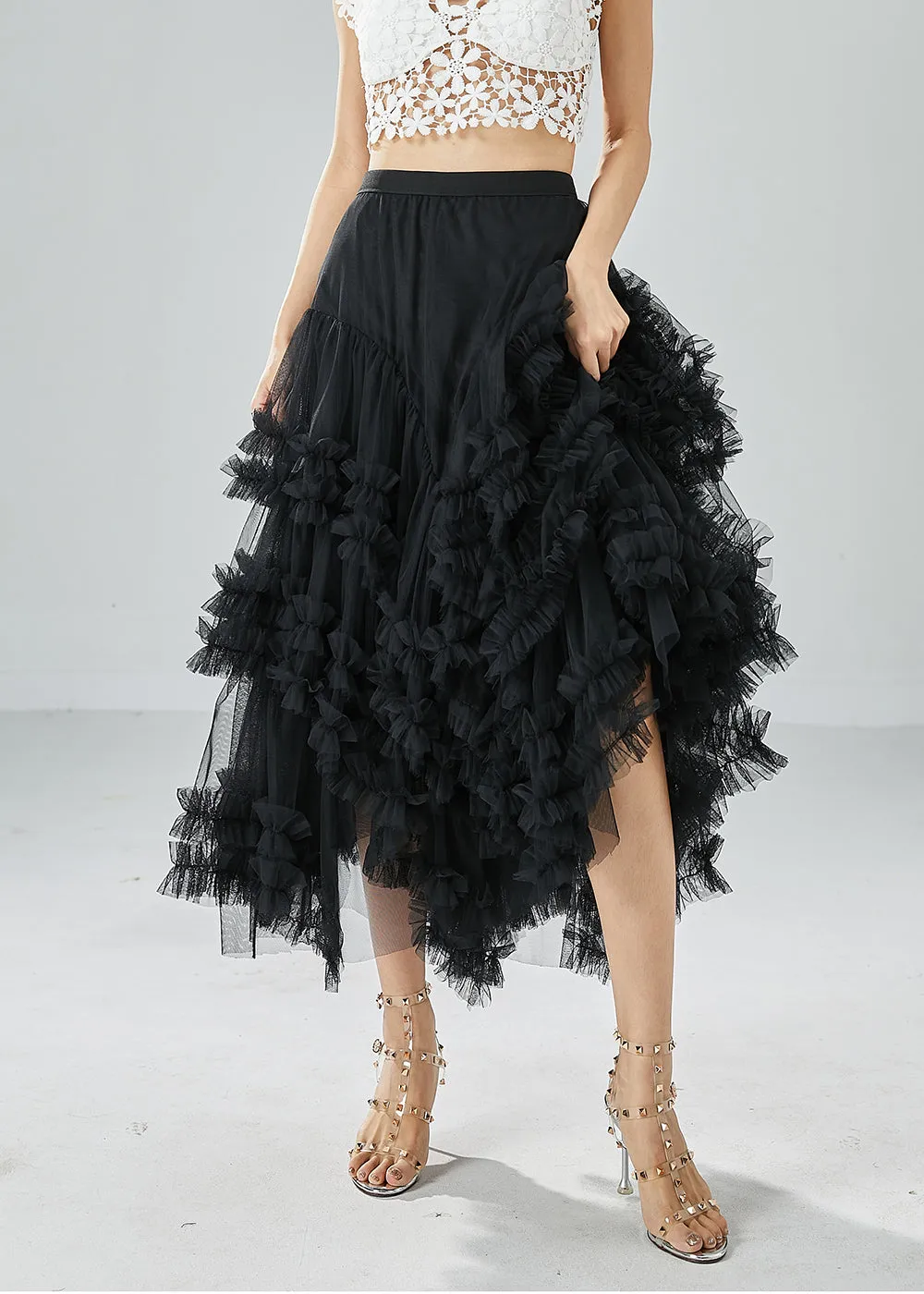 Art Black Asymmetrical Patchwork Ruffled Tulle Beach Skirts Summer LY6056