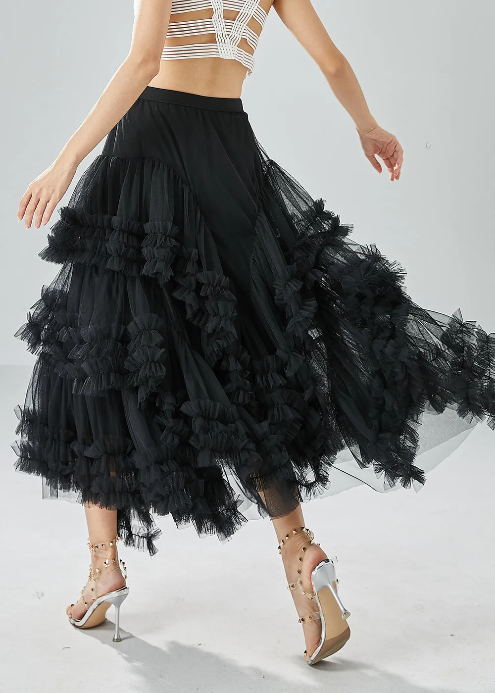 Art Black Asymmetrical Patchwork Ruffled Tulle Beach Skirts Summer LY6056