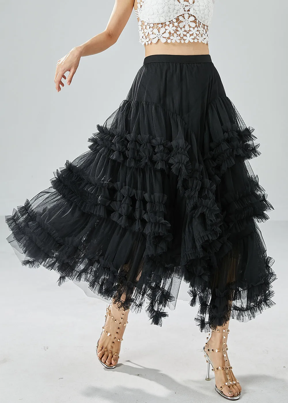 Art Black Asymmetrical Patchwork Ruffled Tulle Beach Skirts Summer LY6056