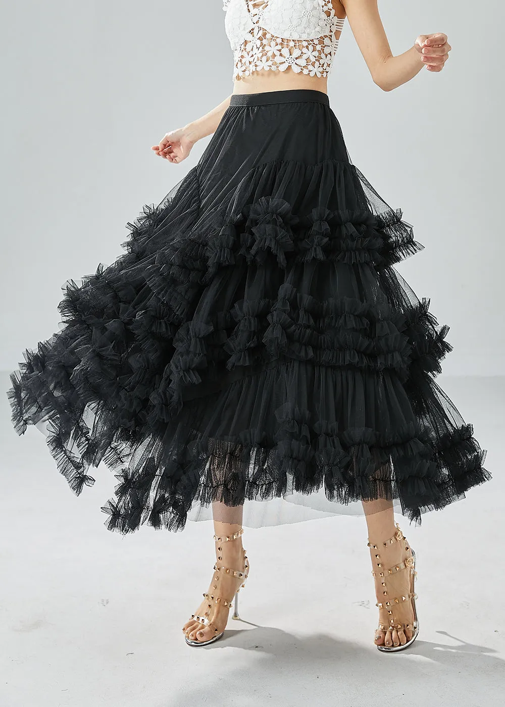 Art Black Asymmetrical Patchwork Ruffled Tulle Beach Skirts Summer LY6056