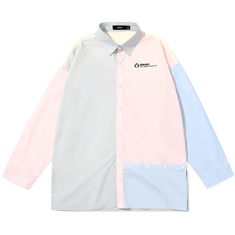 Asymmetric Color Block Button Cotton Shirts