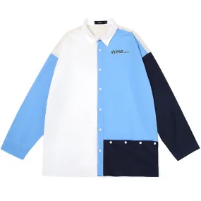 Asymmetric Color Block Button Cotton Shirts