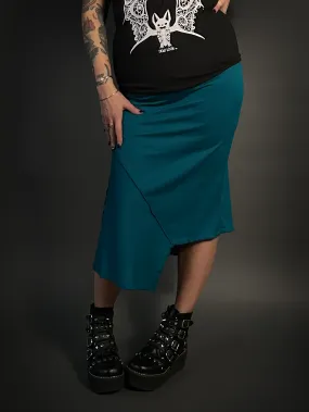 Asymmetrical Stretch Midi Skirt in Dark Emerald Blue - Alt Style