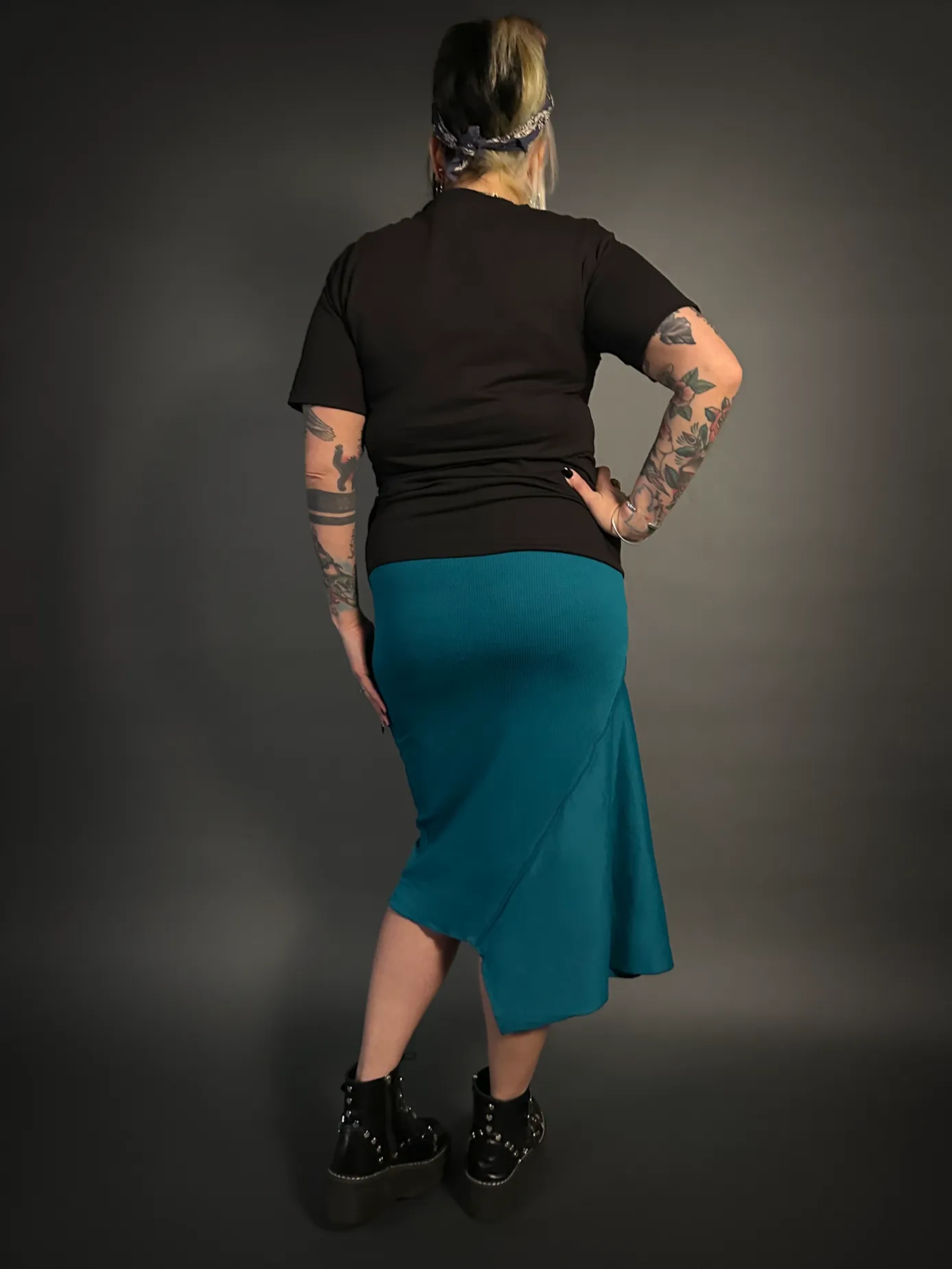 Asymmetrical Stretch Midi Skirt in Dark Emerald Blue - Alt Style