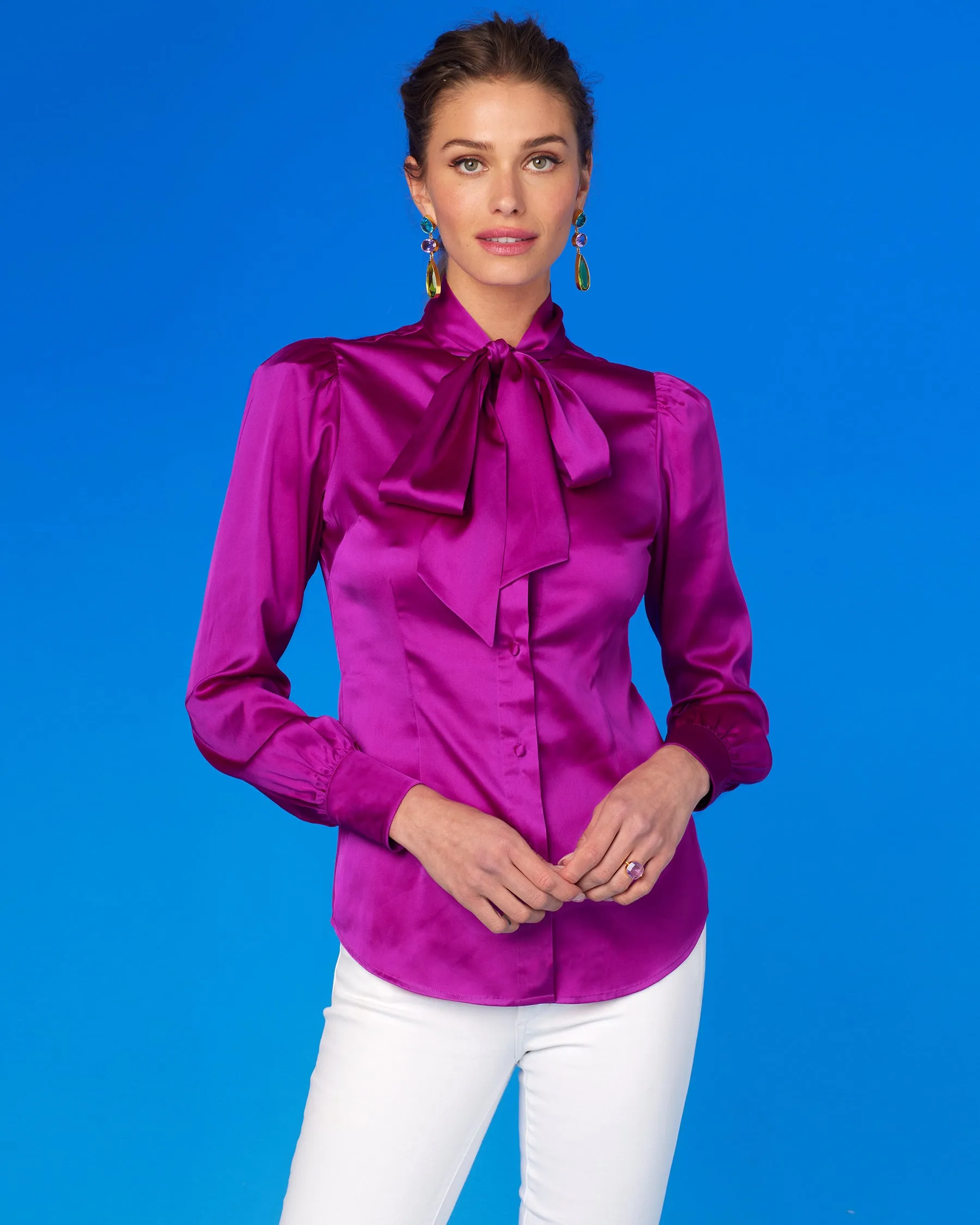 Aurelie Pussybow Blouse in Fuchsia Purple