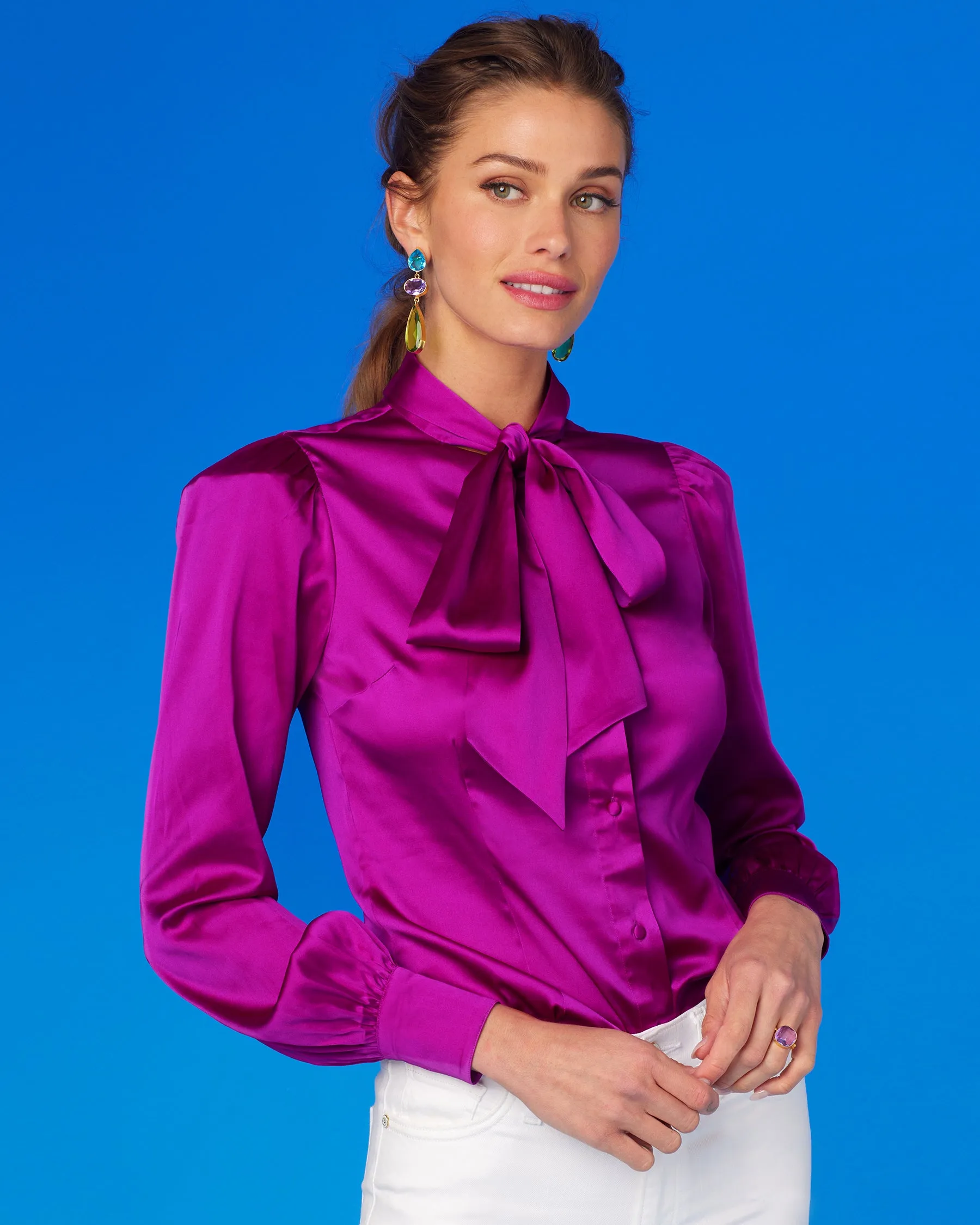 Aurelie Pussybow Blouse in Fuchsia Purple