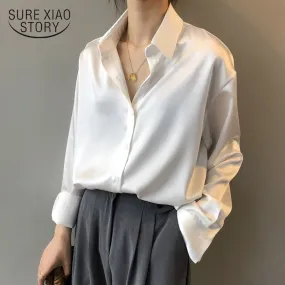 Autumn Fashion Button Up Satin Silk Shirt Vintage Blouse Women White Lady Long Sleeves Female Loose Street Shirts 11355