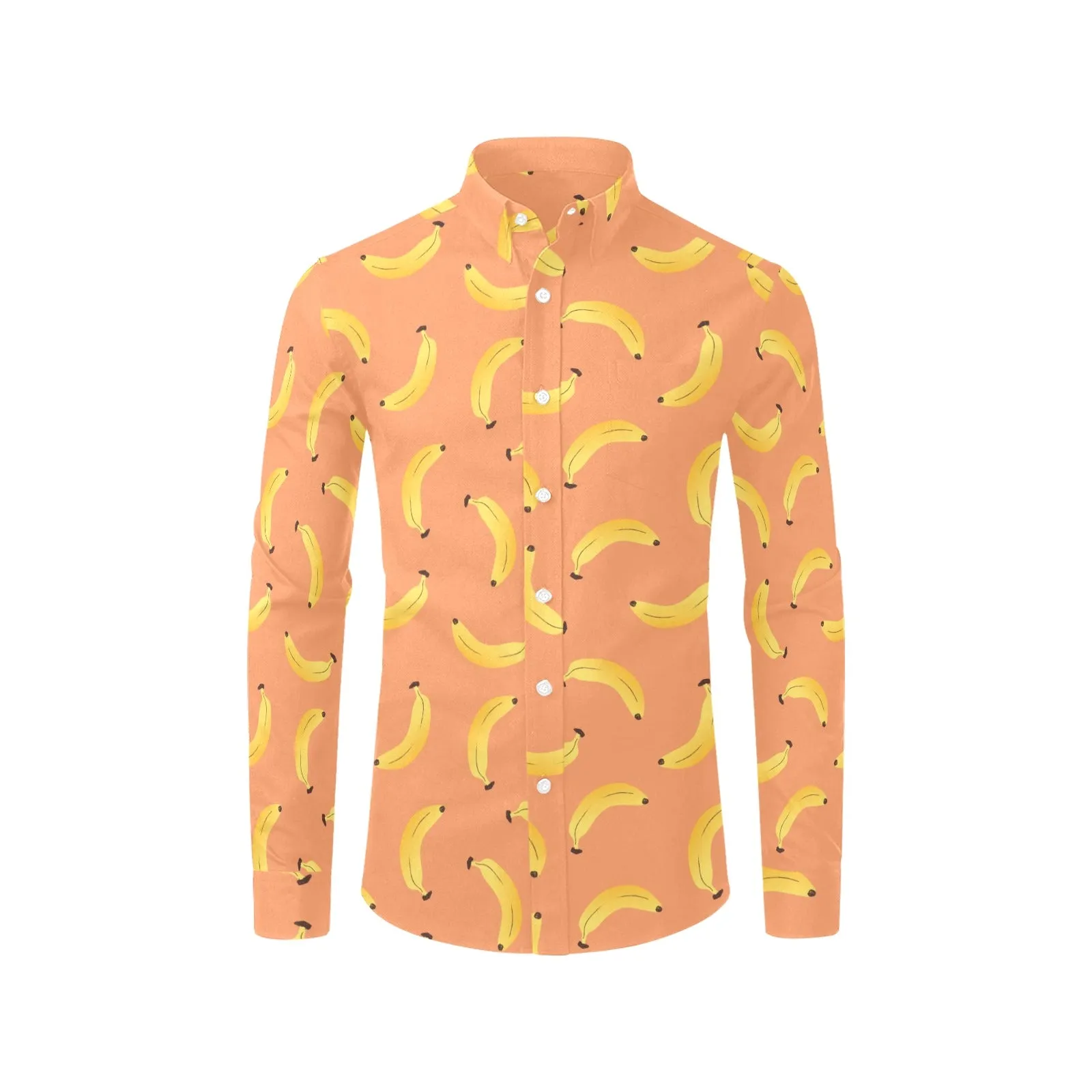 Banana Long Sleeve Men Button Up Shirt, Exotic Fruit Print Dress Buttoned Collar Dress Shirt with Chest Pocket