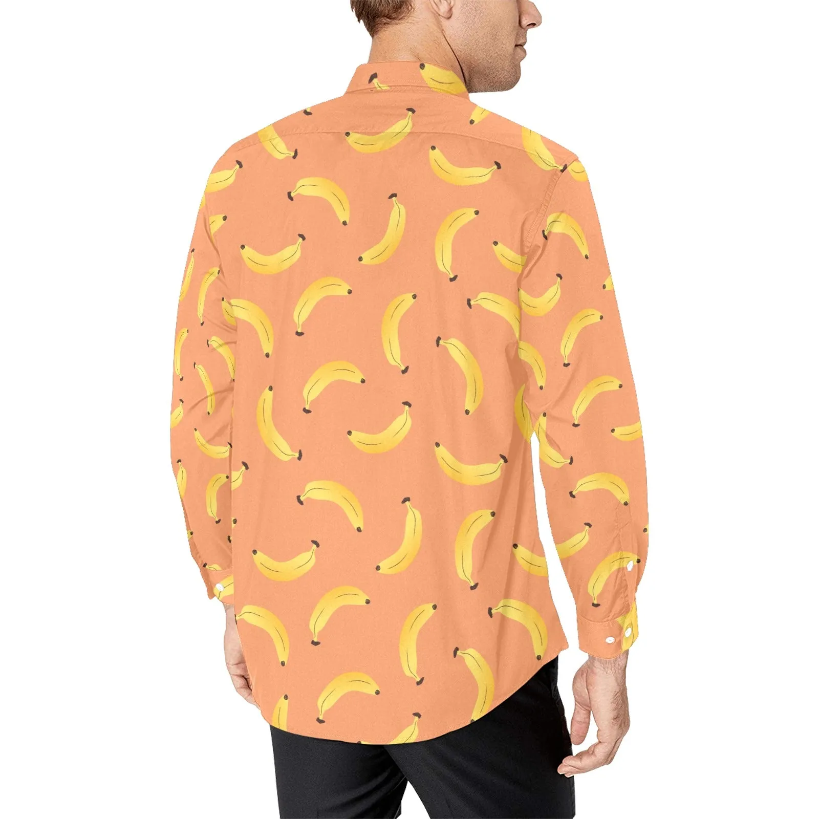 Banana Long Sleeve Men Button Up Shirt, Exotic Fruit Print Dress Buttoned Collar Dress Shirt with Chest Pocket