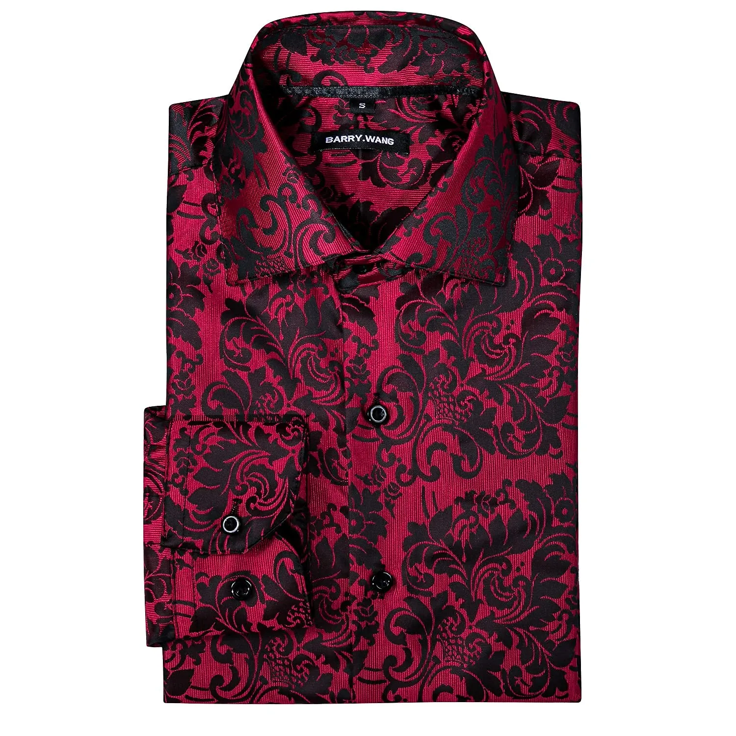 Barry.Wang Mens Dress Shirt, Red Floral Silk Long Sleeve Button Down Regular Fit Shirts Designer