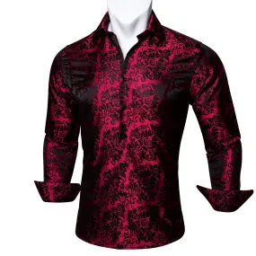 Barry.Wang Mens Dress Shirt, Red Floral Silk Long Sleeve Button Down Regular Fit Shirts Designer