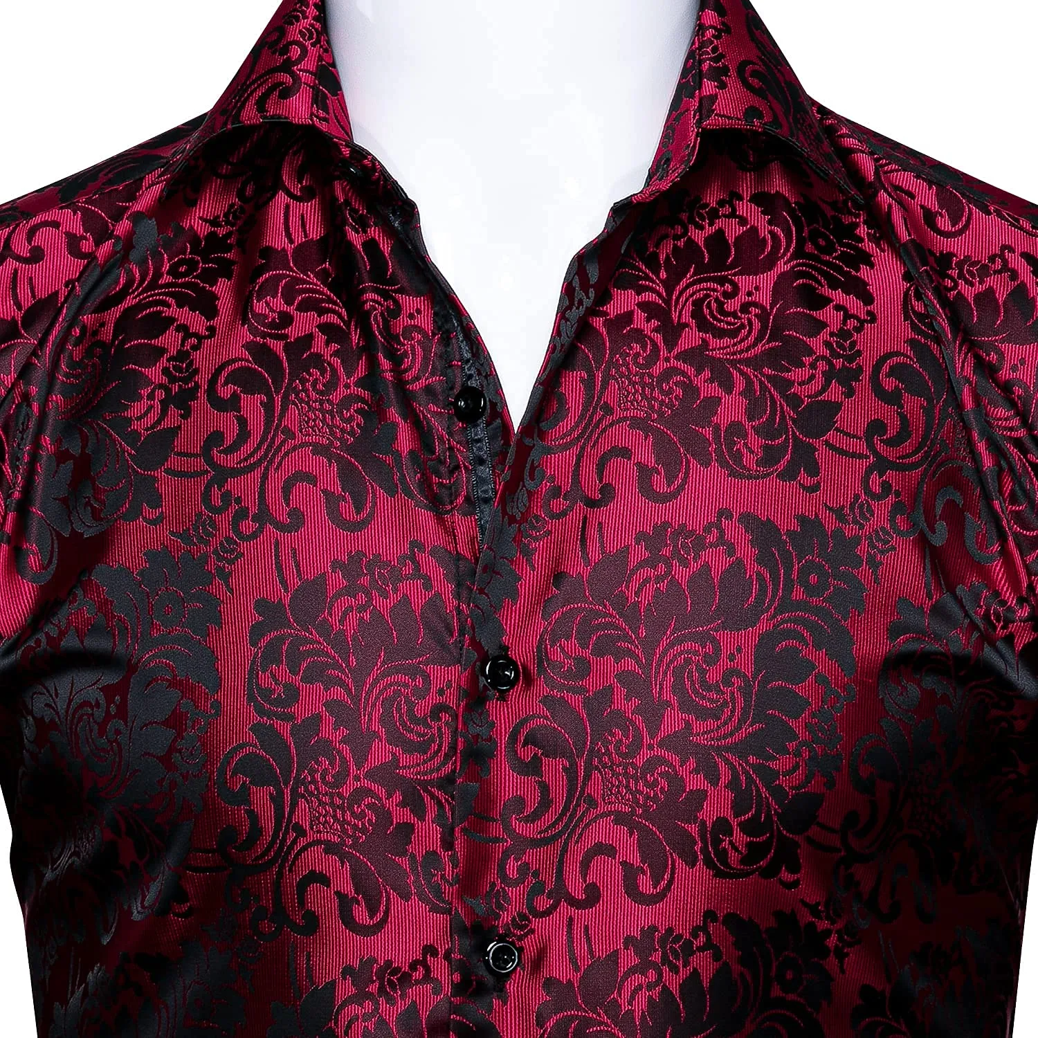 Barry.Wang Mens Dress Shirt, Red Floral Silk Long Sleeve Button Down Regular Fit Shirts Designer