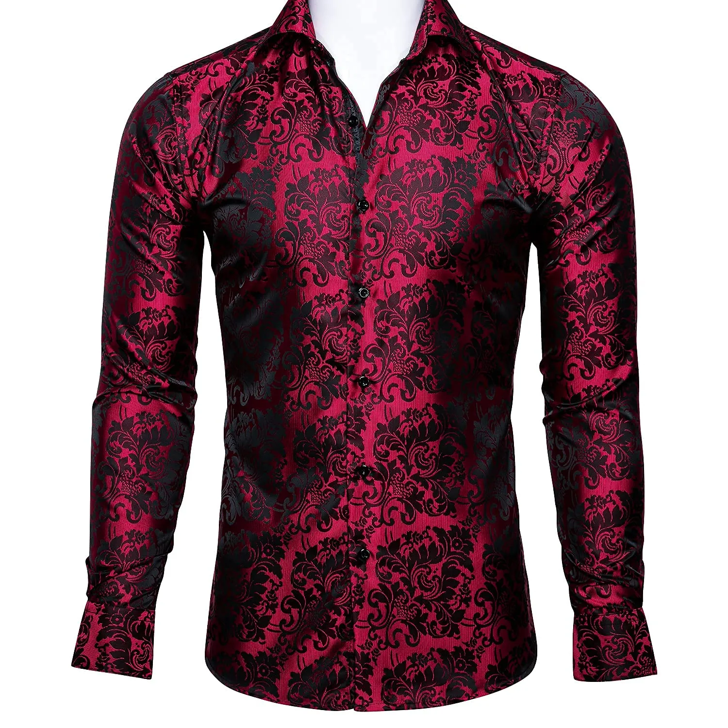 Barry.Wang Mens Dress Shirt, Red Floral Silk Long Sleeve Button Down Regular Fit Shirts Designer