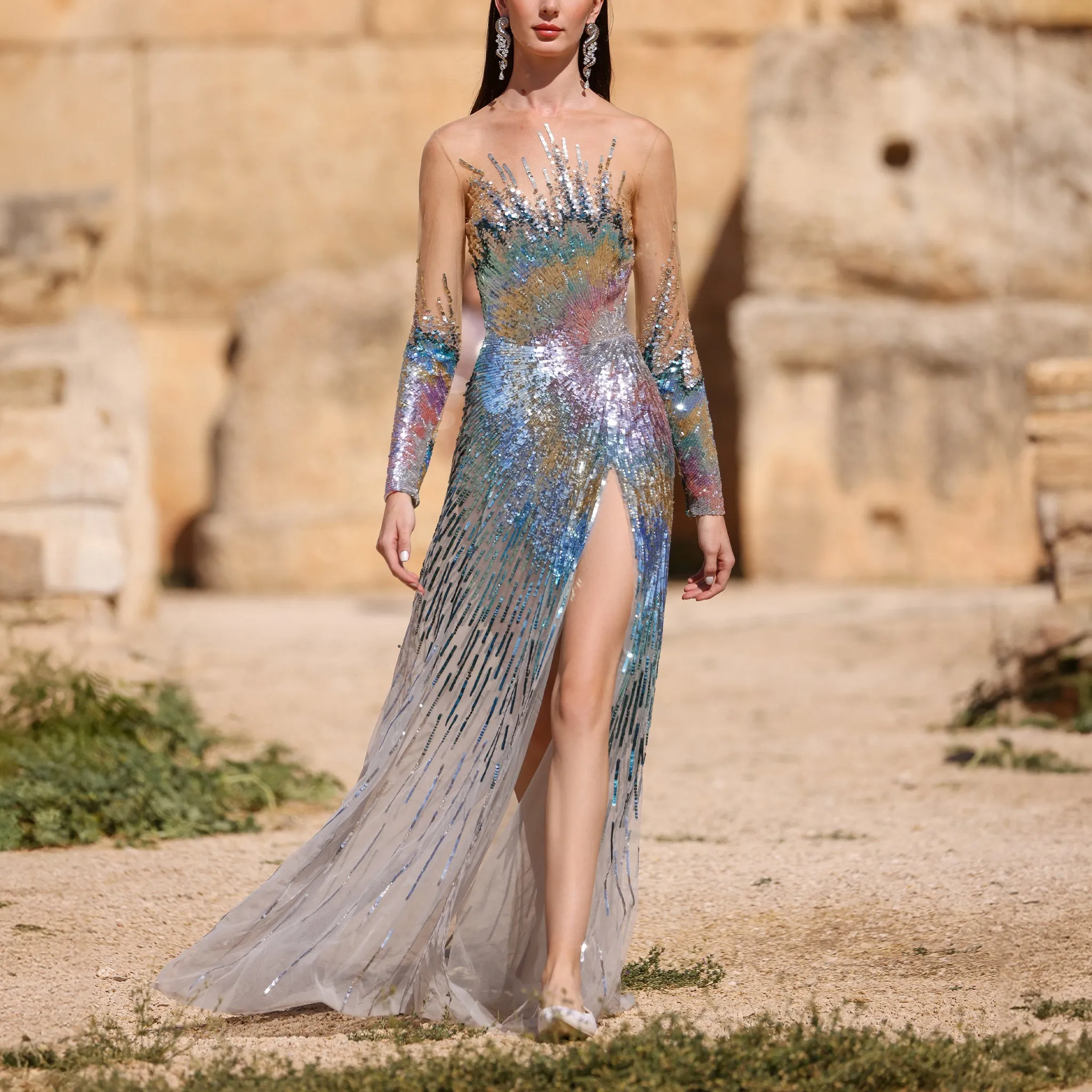 Beaded Tulle Dress with Slit