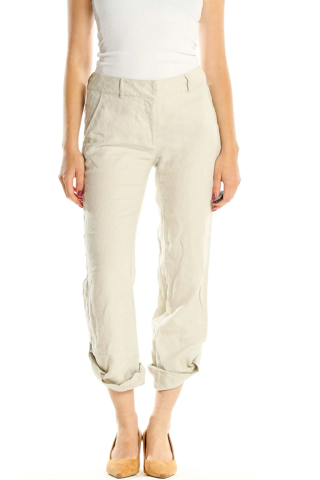 Beige Cropped Linen Khakis