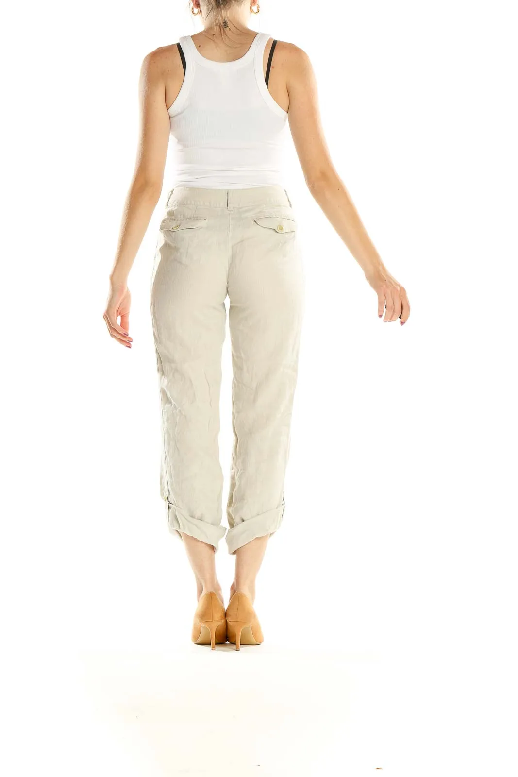 Beige Cropped Linen Khakis