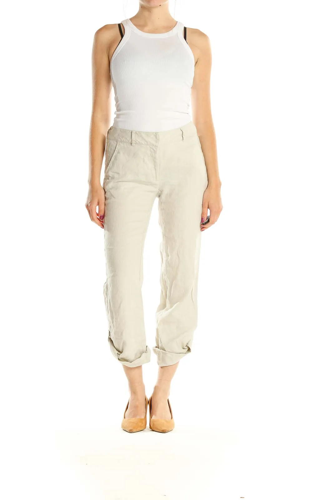 Beige Cropped Linen Khakis