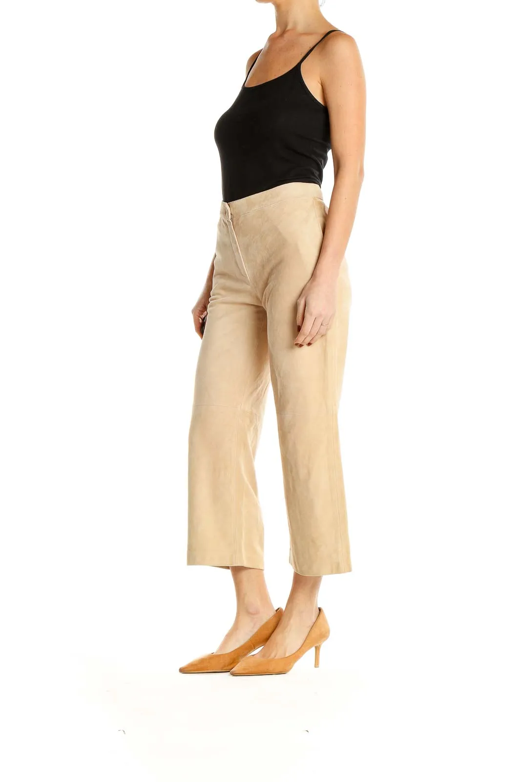 Beige Wide-Leg Cropped Trousers