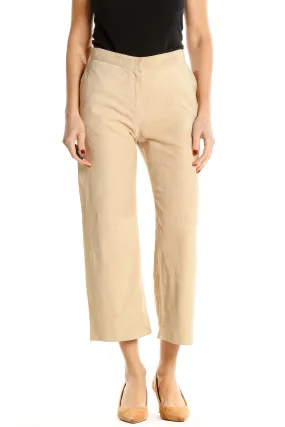 Beige Wide-Leg Cropped Trousers