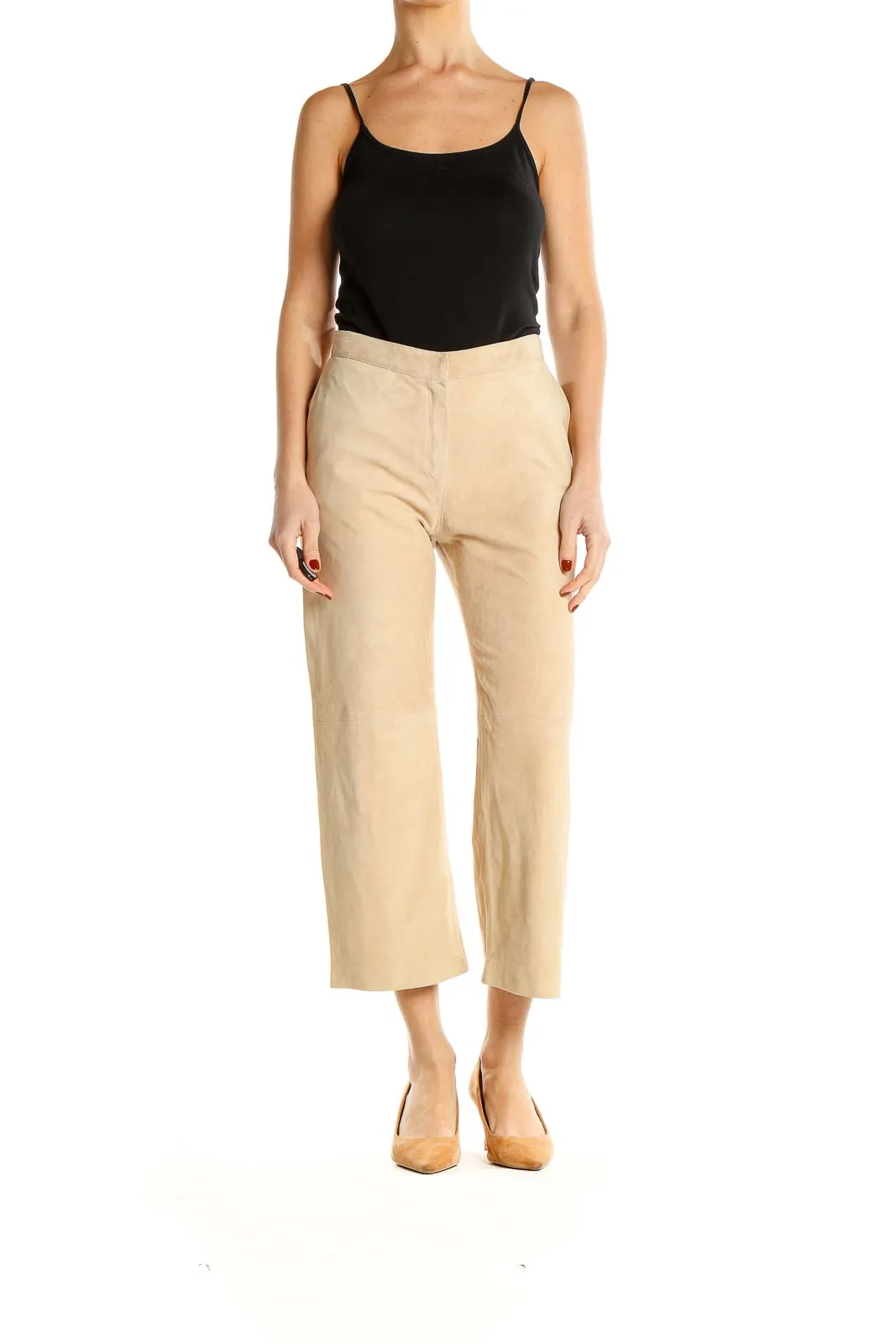 Beige Wide-Leg Cropped Trousers