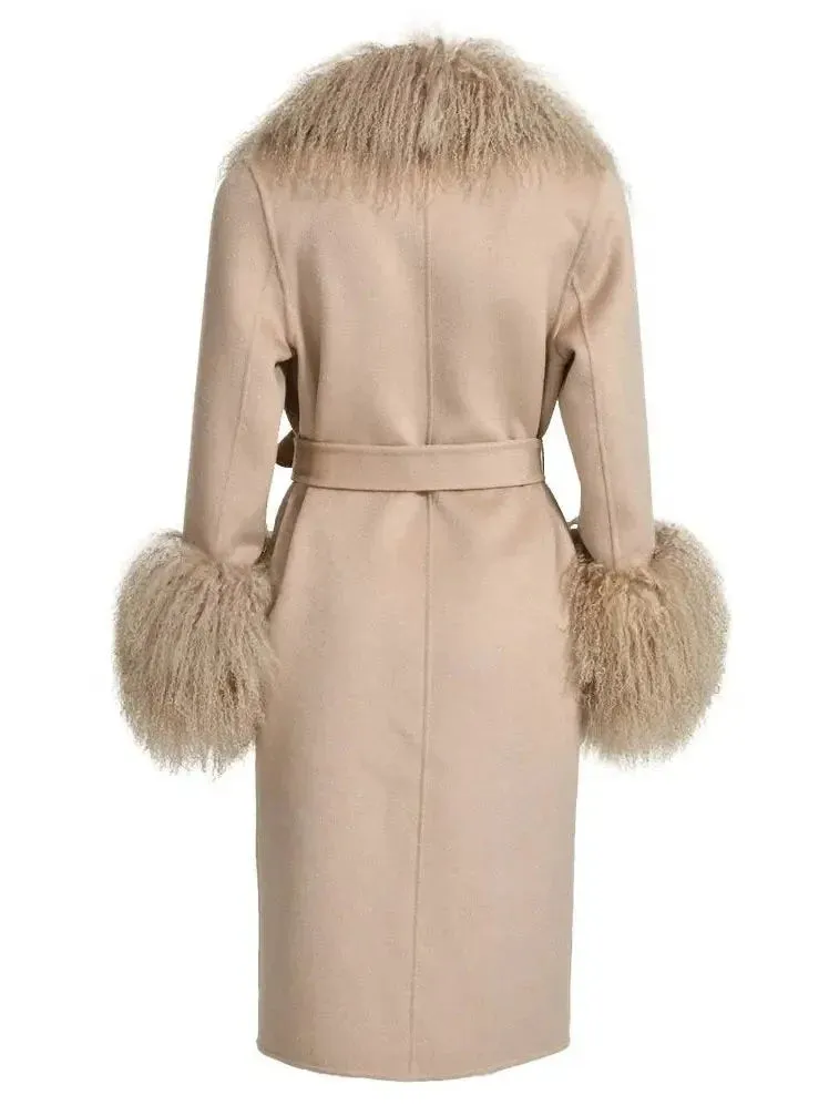 Belted Lambswool/Shearling Wool Cashmere Coat, Beige