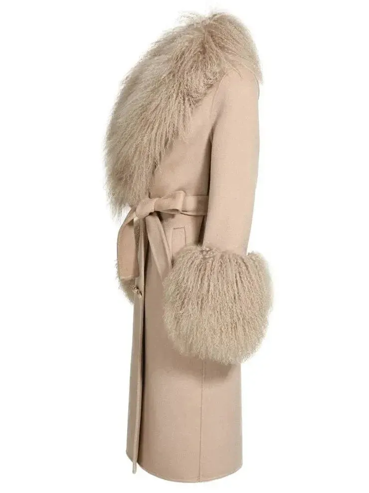 Belted Lambswool/Shearling Wool Cashmere Coat, Beige