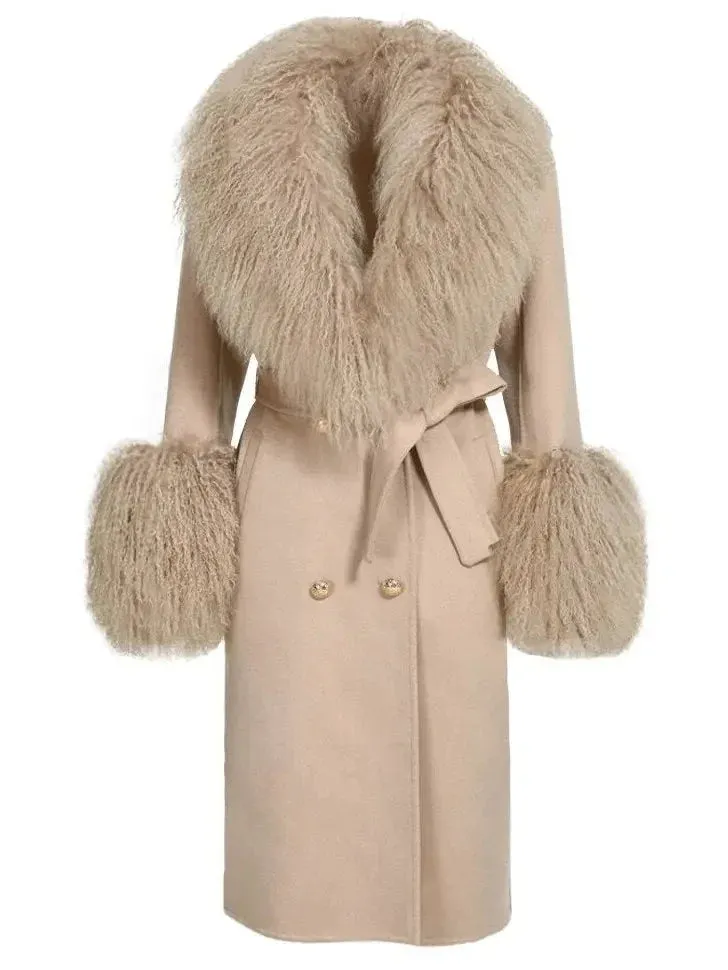 Belted Lambswool/Shearling Wool Cashmere Coat, Beige