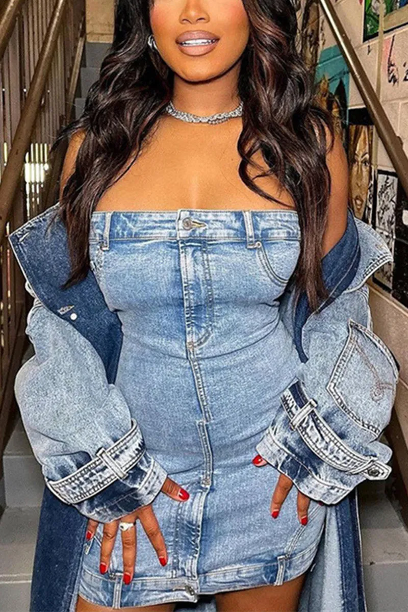 BF0023 Strapless Denim Mini Dress