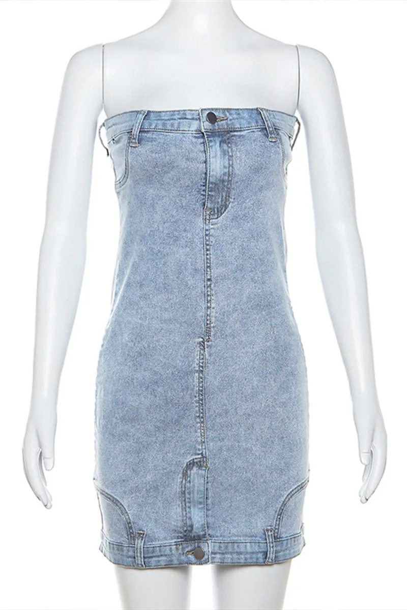 BF0023 Strapless Denim Mini Dress