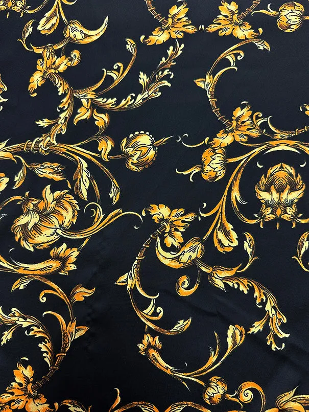 Black Vine Print Poly Charmeuse Satin Fabric