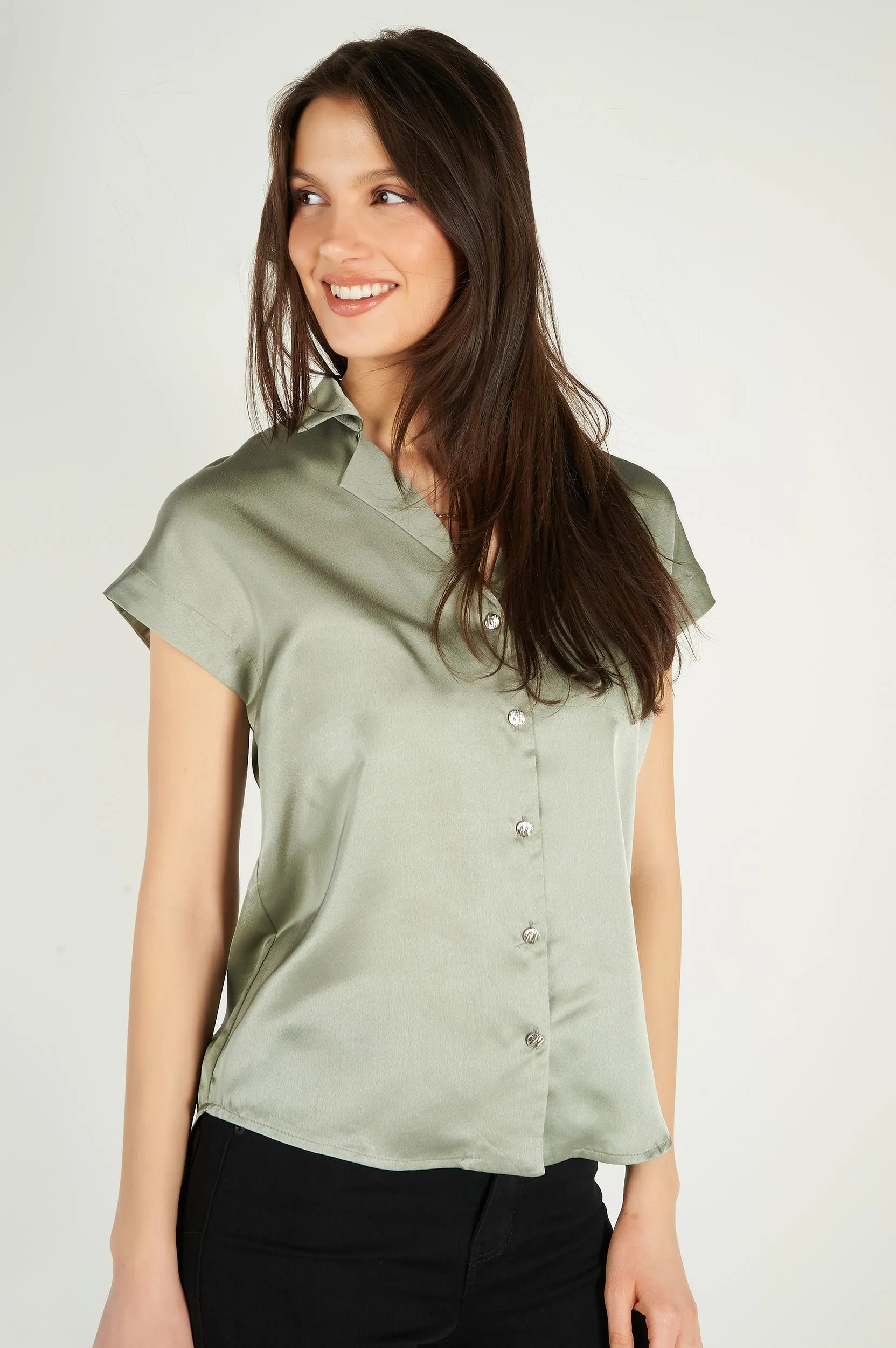 Blouse en satin à manches courtes - EVANIE - (E-B8) - VENTE FINALE