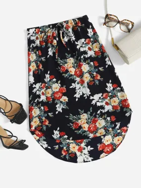 Boho Floral Tie Front Natural Knee Length Women Skirt