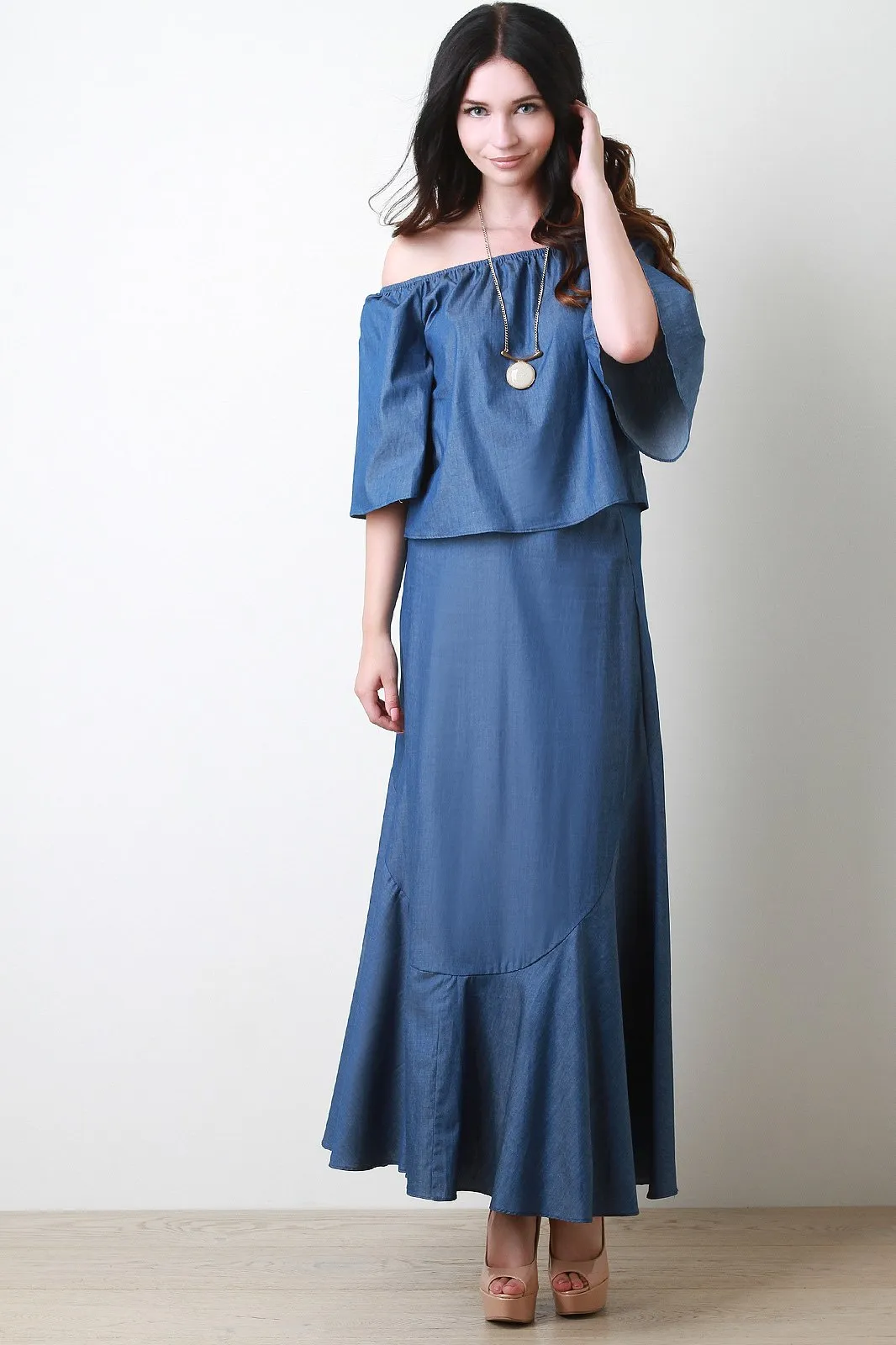 Chambray High Waisted Asymmetrical Seam Maxi Skirt