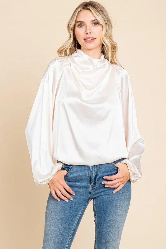 Cream Cowl Neck Long Sleeve Satin Blouse Top