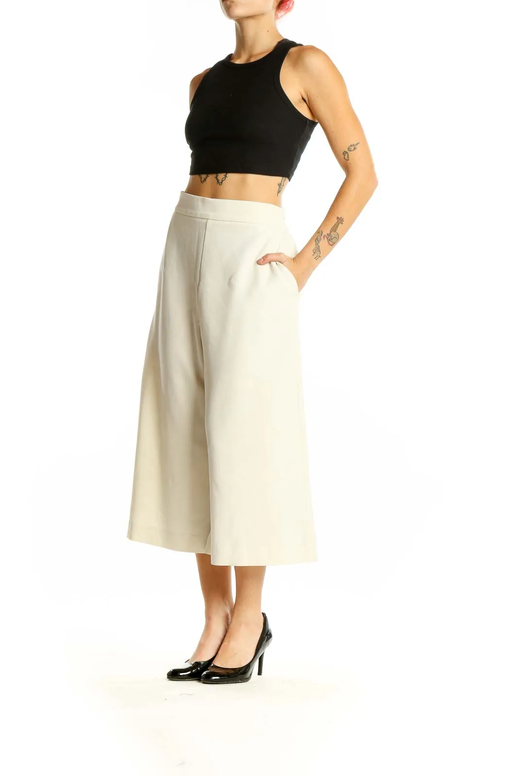 Cream Wide-Leg Cropped Trousers