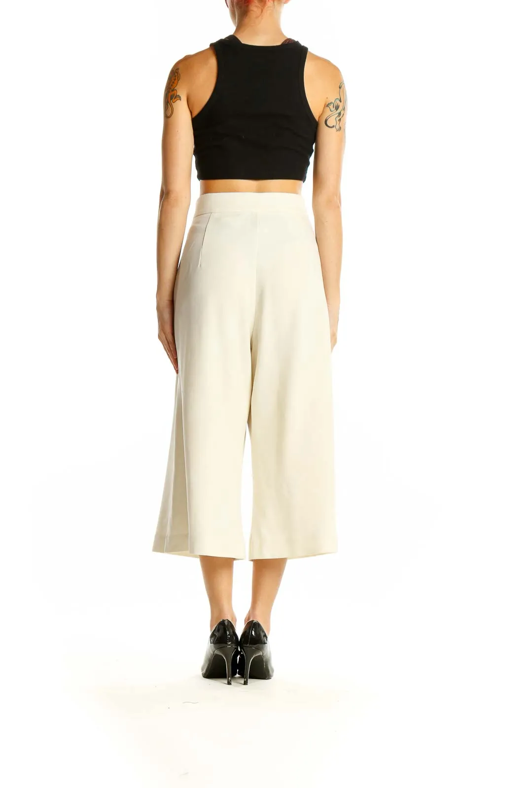 Cream Wide-Leg Cropped Trousers