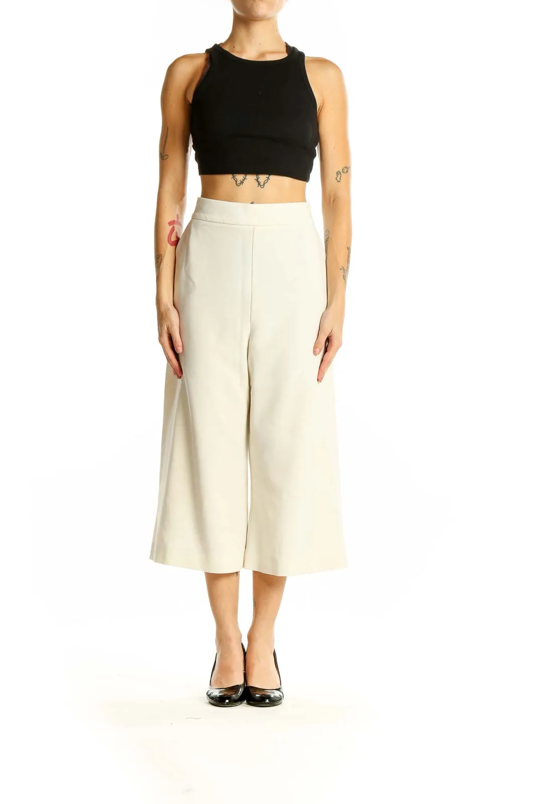 Cream Wide-Leg Cropped Trousers