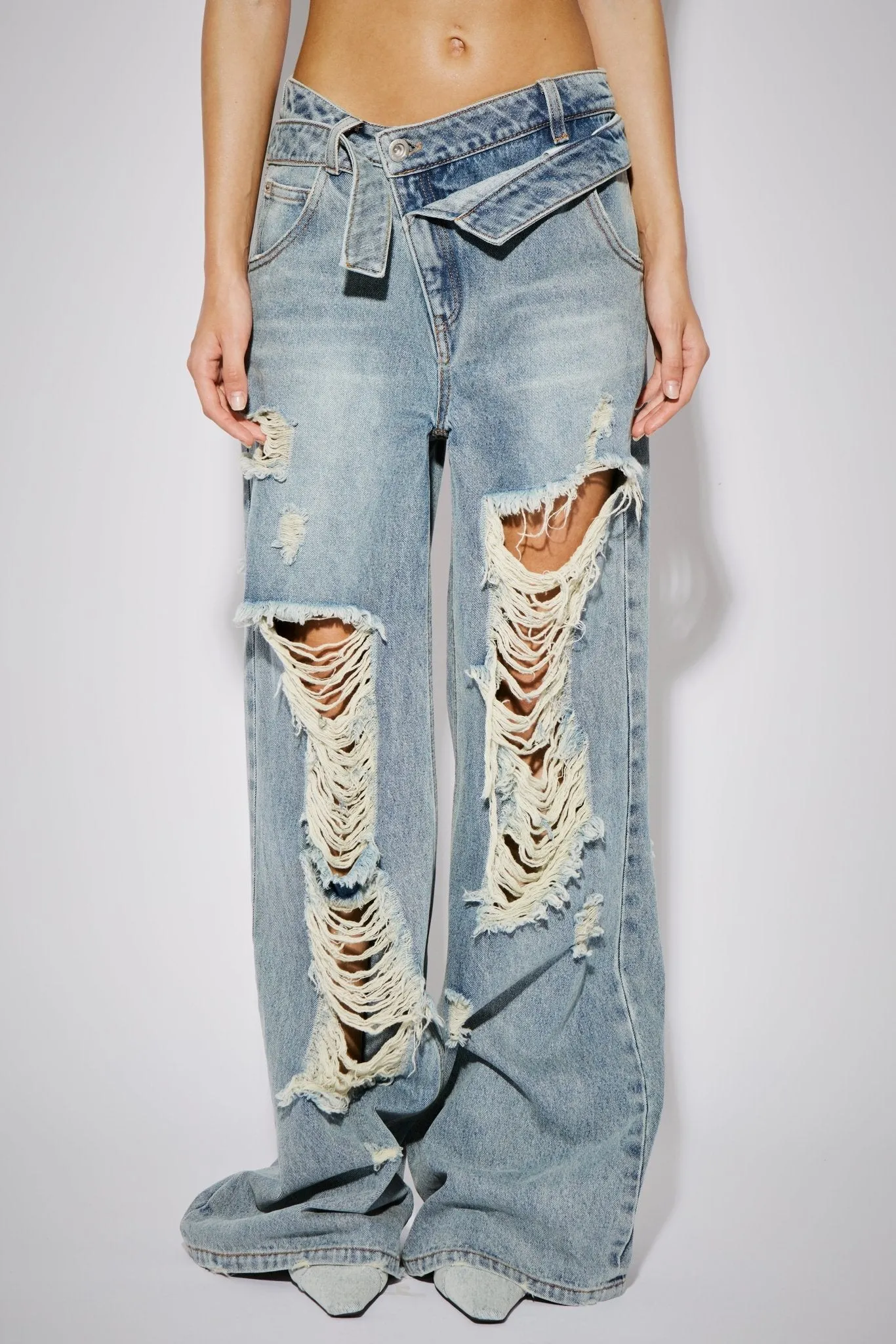 Distressed Deconstructed Waist Wide-Leg Jeans