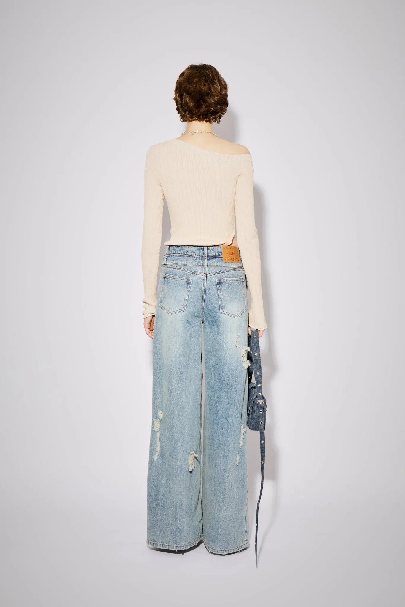 Distressed Deconstructed Waist Wide-Leg Jeans