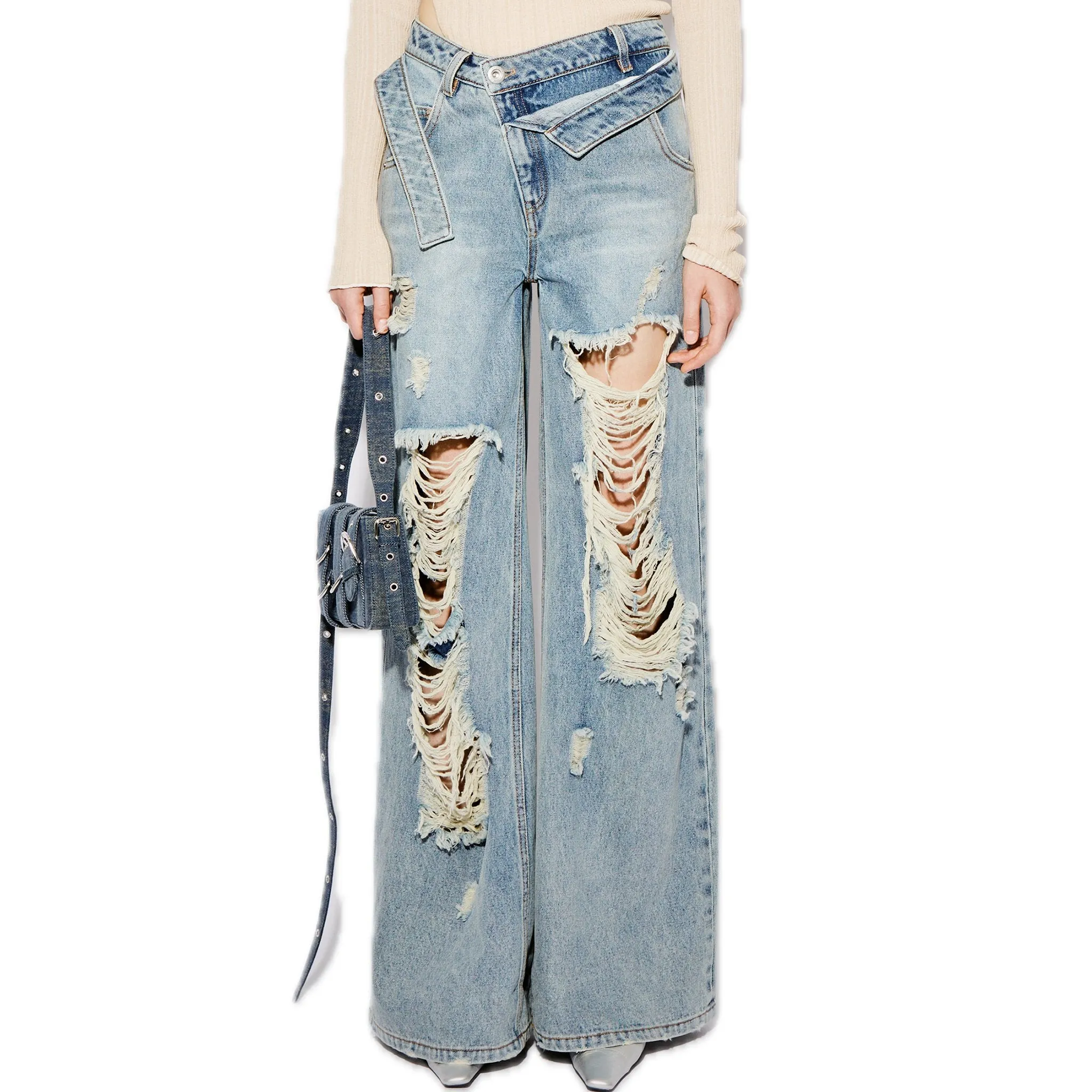 Distressed Deconstructed Waist Wide-Leg Jeans