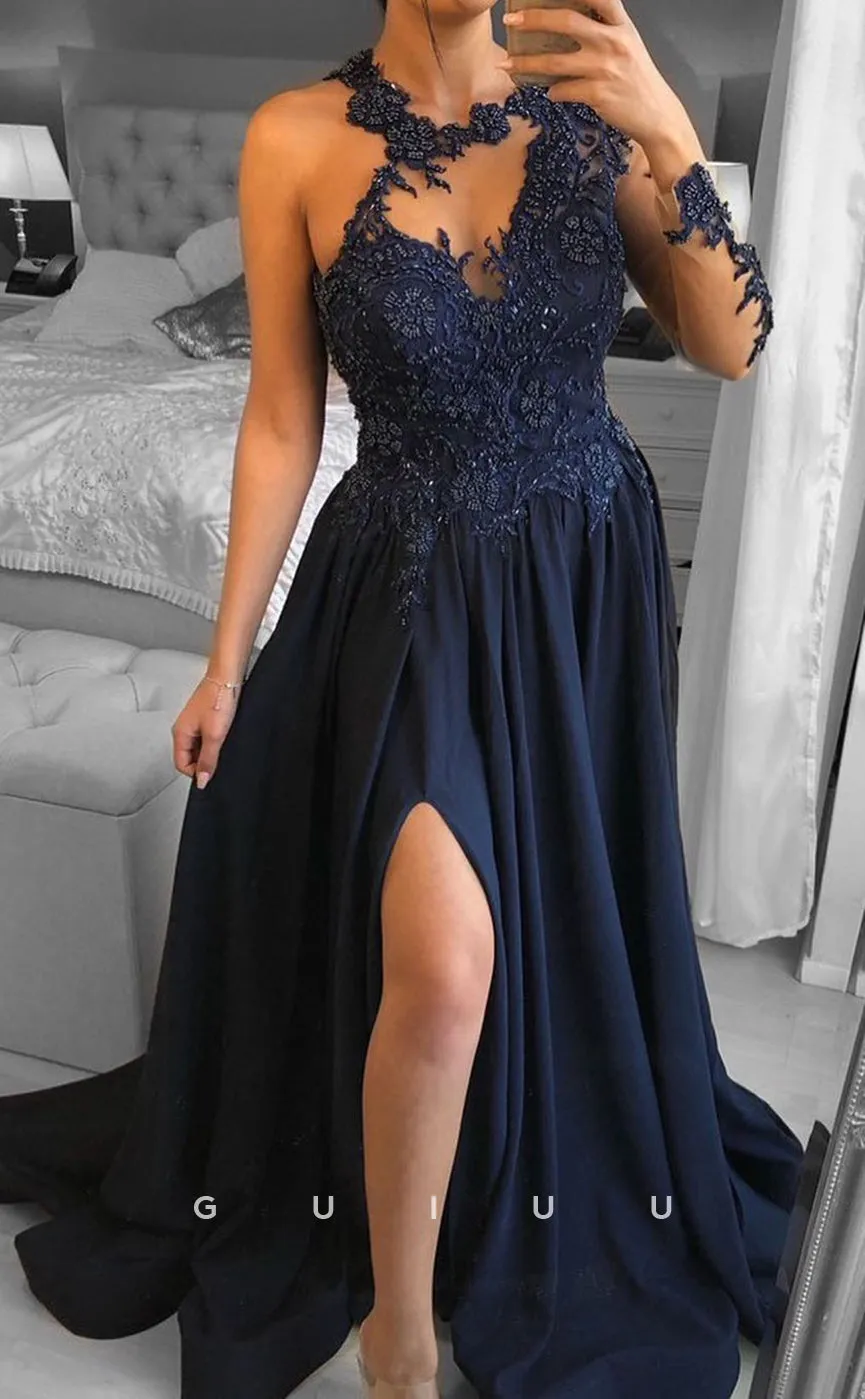 G2764 - Chic & Modern A-Line Beaded Applique One Shoulder Long Prom Evening Dress